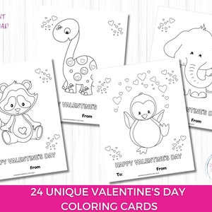 24 Printable Valentine&#39;s Day Coloring Cards for Kids, Animal Valentines, Color Your Own Valentines Cards, Classroom Valentines