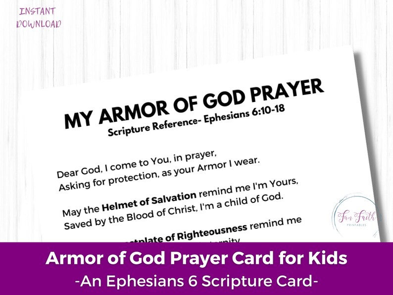 Armor of God Prayer Card for Kids, Armour of God Scripture Printable