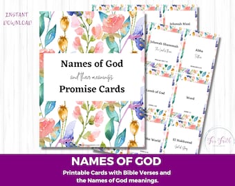May include: Printable cards with watercolour floral designs and names of God, including "Jehovah Nissi", "Jehovah Shammah", "Abba", "Lamb of God", "Word", "The World", and "El Hakkavod". Each card includes a Bible verse and the meaning of the name of God.