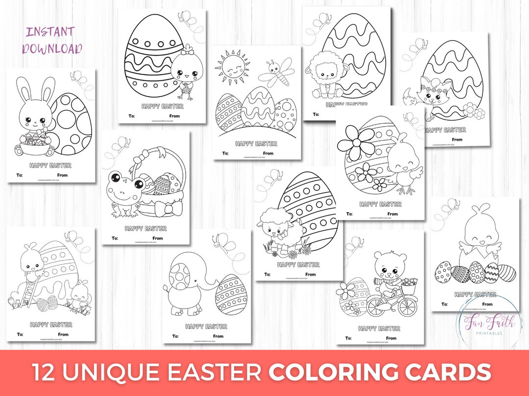 12 Color Your Own Easter Cards, Printable Easter Coloring Cards for ...