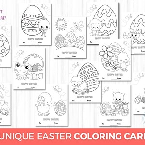 12 Osterkarten zum Ausmalen, druckbare Ausmalkarten für Kinder, Frohe Ostern Grußkarten, Osterkorb Tags