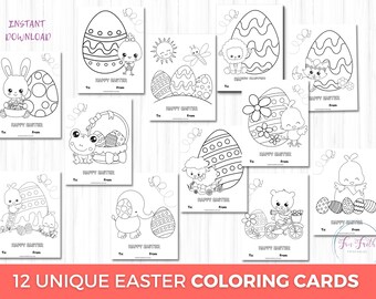Easter Coloring Cards for Kids, Printable Easter Basket Tags (Digital Download)