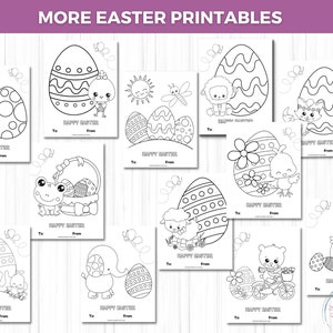 Puede incluir: Una colecci&oacute;n de tarjetas imprimibles en blanco y negro con tem&aacute;tica de Pascua. Cada tarjeta presenta un animal de dibujos animados diferente, como un conejito, un pollito o un cordero, con un huevo de Pascua. Las tarjetas tienen el texto "Happy Easter" y espacio para "To" y "From".