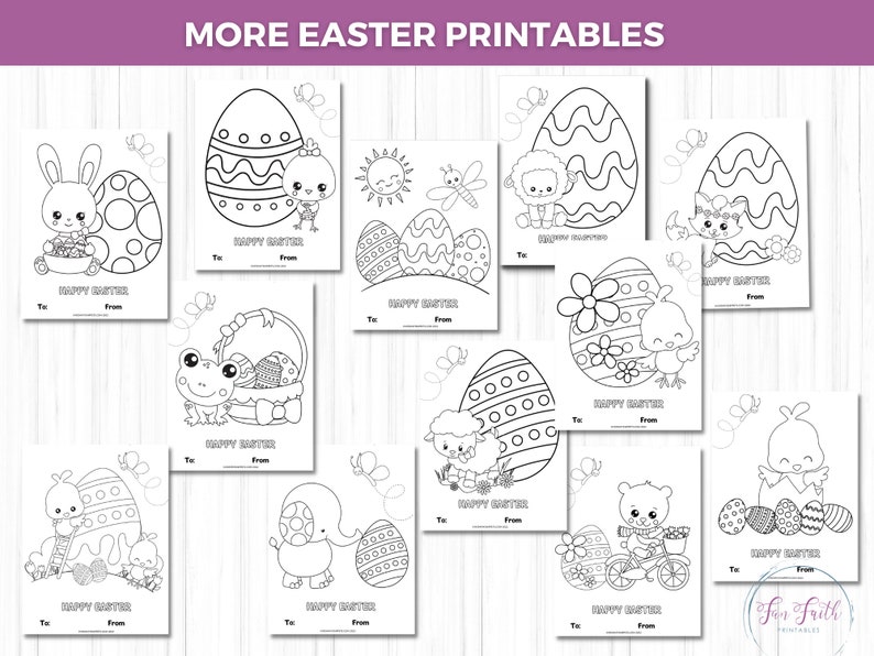 Puede incluir: Una colecci&oacute;n de tarjetas imprimibles en blanco y negro con tem&aacute;tica de Pascua. Cada tarjeta presenta un animal de dibujos animados diferente, como un conejito, un pollito o un cordero, con un huevo de Pascua. Las tarjetas tienen el texto "Happy Easter" y espacio para "To" y "From".
