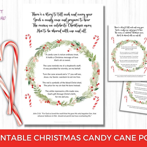 Candy Cane Poem,  Christmas Printable,  Candy Cane Prayer, Christmas Tag, Christian Christmas Printable for Kids, Christmas Poem