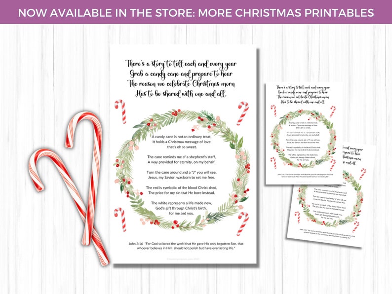 May include: Christmas-themed printable art featuring a poem about the meaning of a candy cane, with a wreath illustration and candy cane accents. The text includes the phrase "NOW AVAILABLE IN THE STORE: MORE CHRISTMAS PRINTABLES."