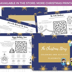 May include: A collection of Christmas-themed coloring and activity placemats. The placemats feature illustrations of the Nativity scene, mazes, and fill-in-the-blank activities. The background is navy blue with gold snowflake accents and text that reads "The Christmas Story".