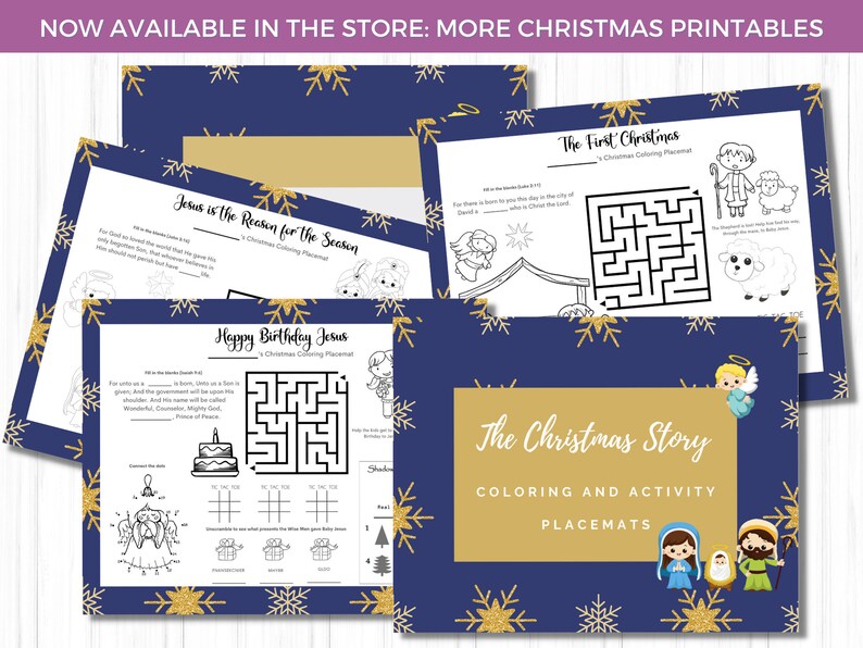 May include: A collection of Christmas-themed coloring and activity placemats. The placemats feature illustrations of the Nativity scene, mazes, and fill-in-the-blank activities. The background is navy blue with gold snowflake accents and text that reads "The Christmas Story".