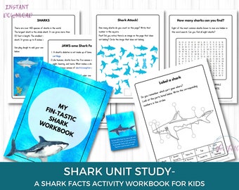 Sharks Unit Study, Homeschool Printable Workbook (Digital Download)
