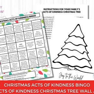 May include: A printable Christmas bingo card with a festive red and green color scheme. The card features a variety of acts of kindness to do during the holiday season. The card also includes a black and white outline of a Christmas tree with the text "Joy to the World".