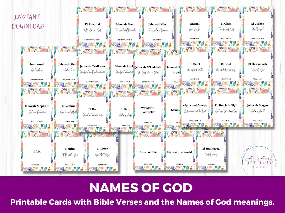 36 Names of God Printable Cards With Bible Verses Scripture Etsy