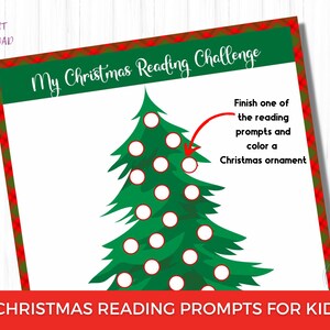 May include: A printable Christmas reading challenge for kids. The design features a green Christmas tree with white circles for coloring ornaments. The top banner reads "My Christmas Reading Challenge". The bottom banner reads "Christmas Reading Prompts for Kids".