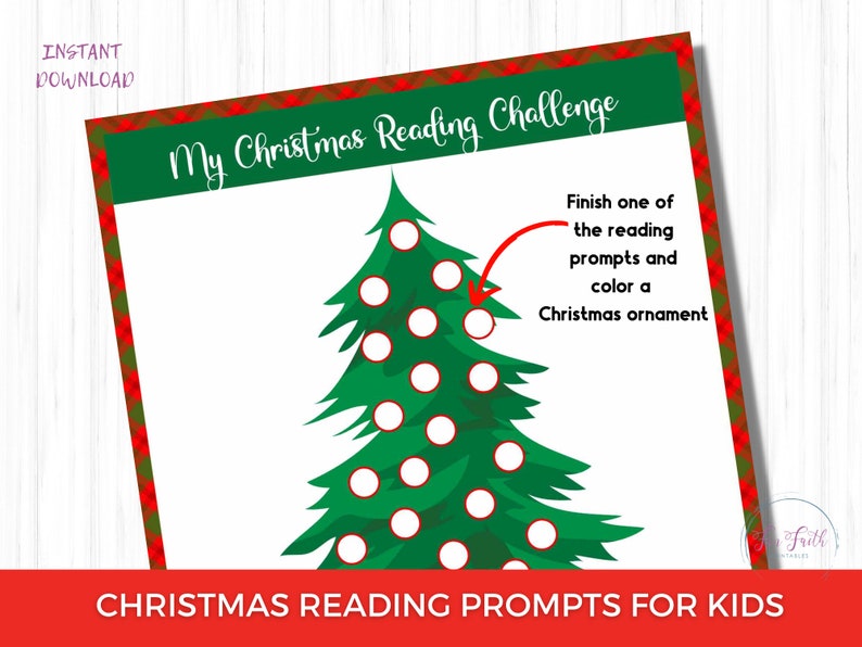 May include: A printable Christmas reading challenge for kids. The design features a green Christmas tree with white circles for coloring ornaments. The top banner reads "My Christmas Reading Challenge". The bottom banner reads "Christmas Reading Prompts for Kids".