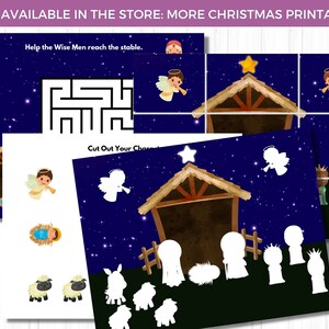 May include: Christmas-themed printable activity sheets featuring a maze, cut-out characters, and Nativity scene illustrations. The sheets have a dark blue starry background with images of angels, a stable, and the Wise Men. Text on the sheets reads "Help the Wise Men reach the stable."