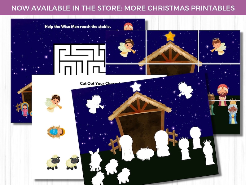 May include: Christmas-themed printable activity sheets featuring a maze, cut-out characters, and Nativity scene illustrations. The sheets have a dark blue starry background with images of angels, a stable, and the Wise Men. Text on the sheets reads "Help the Wise Men reach the stable."