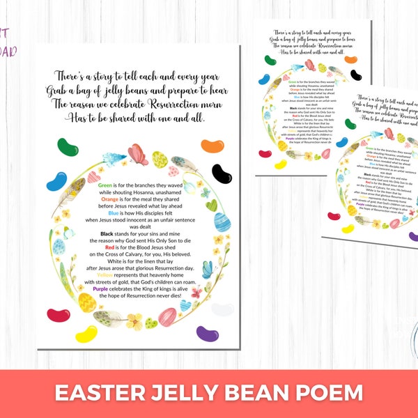 Jelly Bean Poem, Easter Printable, Jelly Bean Prayer, Easter Basket Stuffer Tags, Christian Easter Printable for Kids, Easter Poem