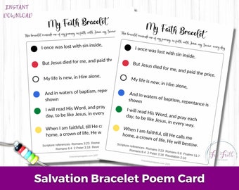 Printable Salvation Bracelet Poem Card, Faith Bracelet Gospel Card, Printable Religious Cards, Sunday School Printables, Church Printables