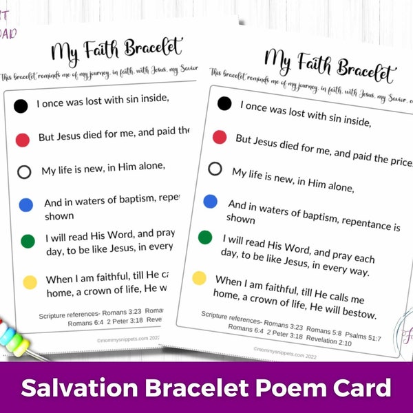 Printable Salvation Bracelet Poem Card, Faith Bracelet Gospel Card, Printable Religious Cards, Sunday School Printables, Church Printables