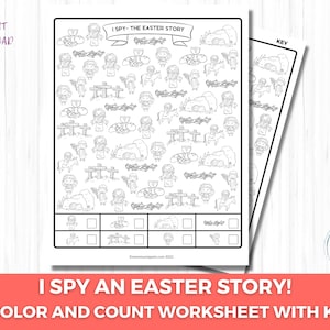 Puede incluir: Hoja de trabajo en blanco y negro "I Spy" con tem&aacute;tica de Pascua con el texto "I Spy an Easter Story!" y "A Color and Count Worksheet with Key". La hoja de trabajo presenta ilustraciones de figuras y s&iacute;mbolos religiosos, con una clave al lado.