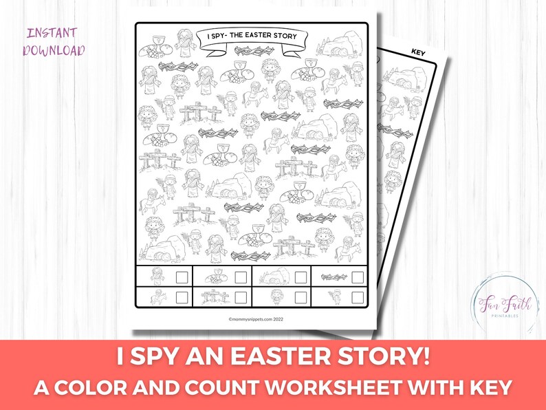 Puede incluir: Hoja de trabajo en blanco y negro "I Spy" con tem&aacute;tica de Pascua con el texto "I Spy an Easter Story!" y "A Color and Count Worksheet with Key". La hoja de trabajo presenta ilustraciones de figuras y s&iacute;mbolos religiosos, con una clave al lado.