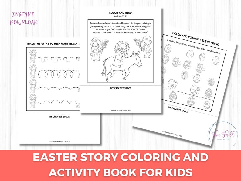 May include: Black and white printable Easter activity book for kids. The book includes a coloring page with a scene of Jesus riding a donkey, a tracing activity, and a pattern completion activity with eggs.