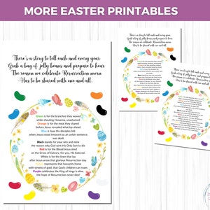 Puede incluir: Impresi&oacute;n art&iacute;stica con tem&aacute;tica de Pascua con un poema sobre gominolas y la Resurrecci&oacute;n. El texto est&aacute; rodeado de ilustraciones coloridas de gominolas, mariposas y plumas. La frase "More Easter Printables" est&aacute; en la parte superior.