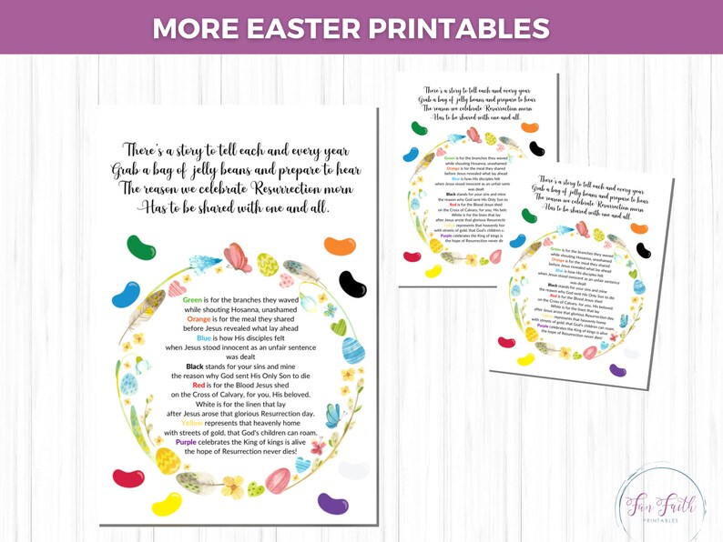 Puede incluir: Impresi&oacute;n art&iacute;stica con tem&aacute;tica de Pascua con un poema sobre gominolas y la Resurrecci&oacute;n. El texto est&aacute; rodeado de ilustraciones coloridas de gominolas, mariposas y plumas. La frase "More Easter Printables" est&aacute; en la parte superior.