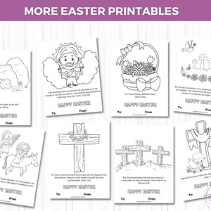 Puede incluir: Una colecci&oacute;n de ocho tarjetas imprimibles en blanco y negro con tem&aacute;tica de Pascua. Cada tarjeta presenta una ilustraci&oacute;n religiosa diferente, como Jes&uacute;s, una cruz o un cordero. Las palabras "Happy Easter" est&aacute;n impresas en cada tarjeta, junto con espacio para escribir "Para" y "De".