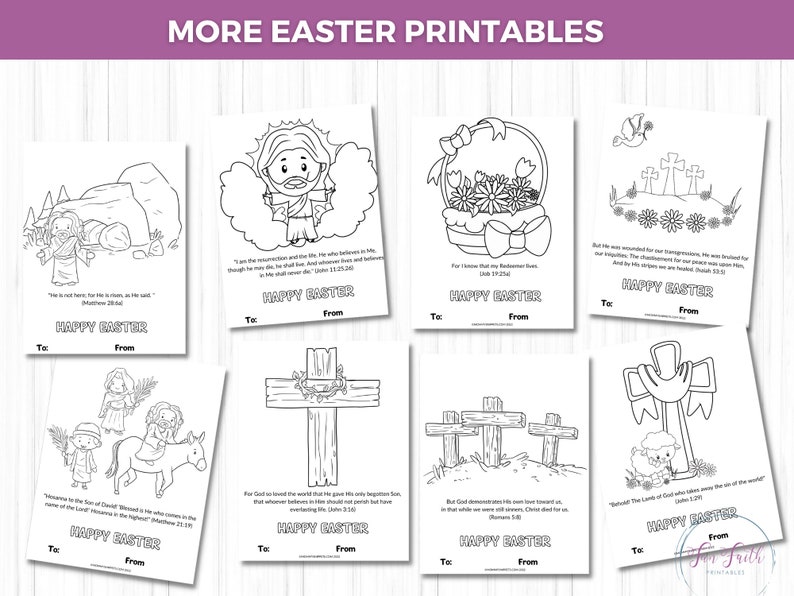 Puede incluir: Una colecci&oacute;n de ocho tarjetas imprimibles en blanco y negro con tem&aacute;tica de Pascua. Cada tarjeta presenta una ilustraci&oacute;n religiosa diferente, como Jes&uacute;s, una cruz o un cordero. Las palabras "Happy Easter" est&aacute;n impresas en cada tarjeta, junto con espacio para escribir "Para" y "De".