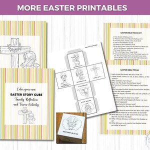 May include: Printable Easter story cube activity for kids. The cube features black and white illustrations of the Easter story, including Jesus on the cross, the empty tomb, and the angel. The activity includes a Bible trivia game with questions and answers about the Easter story.