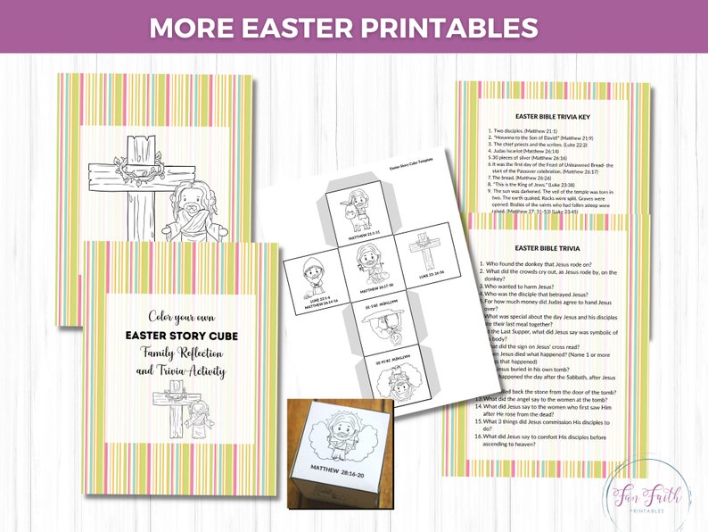 May include: Printable Easter story cube activity for kids. The cube features black and white illustrations of the Easter story, including Jesus on the cross, the empty tomb, and the angel. The activity includes a Bible trivia game with questions and answers about the Easter story.