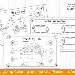 Puede incluir: Manteles individuales imprimibles en blanco y negro para el Día de Acción de Gracias para niños. Los manteles individuales presentan páginas para colorear y actividades como un juego de tres en raya de gratitud, una pancarta de "Give Thanks" y una página para colorear de "Thankful for My Family". Los manteles individuales están disponibles en dos tamaños: 8,5 x 11 pulgadas (tamaño estándar) y 8,5 x 14 pulgadas (tamaño legal).