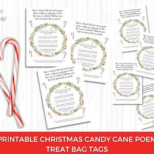 May include: Printable Christmas candy cane poem treat bag tags with a watercolor wreath design. The text reads "There is a story to tell each and every year, God is really near and prepares to appear, The meaning we celebrate Christmas more, Must be shared with one and all."