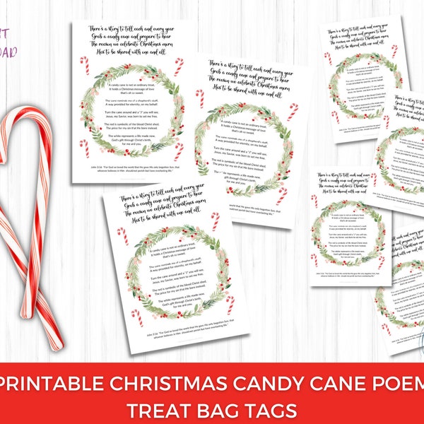 Candy Cane Poem Treat Bag Tags , Candy Cane Prayer, Christmas Tag, Christian Christmas Printable for Kids, Christmas Poem (Set 2)