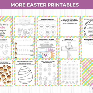 Puede incluir: Una colecci&oacute;n de hojas de actividades imprimibles con tem&aacute;tica de Pascua. Las hojas incluyen p&aacute;ginas para colorear, rompecabezas y b&uacute;squedas de palabras. El texto "MORE EASTER PRINTABLES" est&aacute; en la parte superior. Las hojas est&aacute;n decoradas con colores pastel y gr&aacute;ficos relacionados con la Pascua.