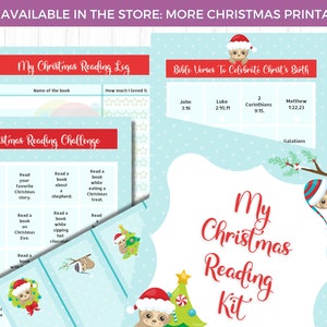 May include: A collection of Christmas-themed printable reading logs and challenges. The designs feature a light blue background with white polka dots, red accents, and illustrations of sloths wearing Santa hats. The kit includes a reading log, challenge, and Bible verses.