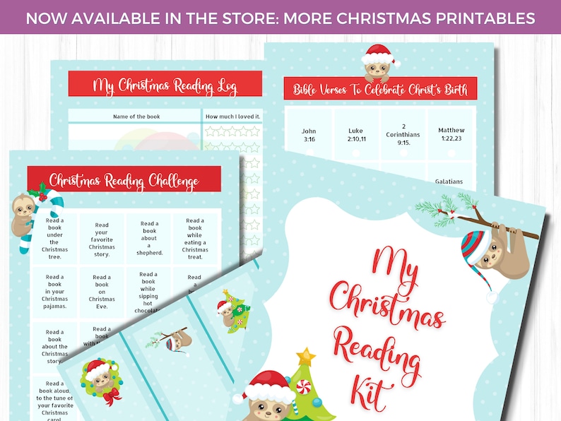 May include: A collection of Christmas-themed printable reading logs and challenges. The designs feature a light blue background with white polka dots, red accents, and illustrations of sloths wearing Santa hats. The kit includes a reading log, challenge, and Bible verses.