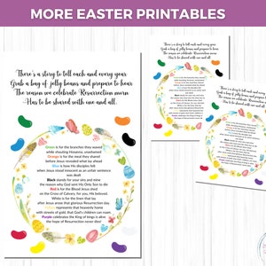 May include: Printable Easter activity with a colorful jelly bean border and text that reads "There's a story to tell each and every year Grab a bag of jelly beans and prepare to hear The reason we celebrate Resurrection morn Has to be shared with one and all."  The text explains the meaning of each color of jelly bean.