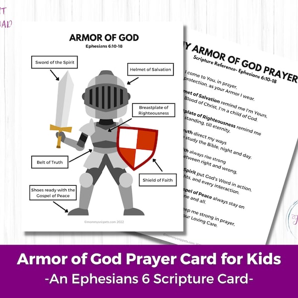 Armor of God Prayer Card for Kids, Armour of God Scripture printable, Sunday School lesson, Christian printable, Ephesians 6 prayer