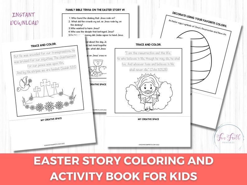 May include: Black and white printable Easter story coloring and activity book for kids. The book includes a coloring page with a dove, crosses, and flowers, a coloring page with Jesus in a cloud, a trivia page with questions about the Easter story, and a page to decorate an Easter egg.