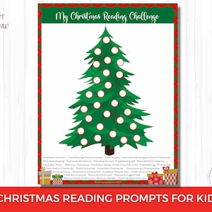 May include: A printable Christmas reading challenge for kids. The design features a green Christmas tree with white ornaments. The text "My Christmas Reading Challenge" is at the top, with reading prompts below. The words "Instant Download" are in the upper left.