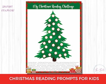 Può includere: Una sfida di lettura natalizia stampabile per bambini. Il design presenta un albero di Natale verde con ornamenti bianchi. Il testo "My Christmas Reading Challenge" è in alto, con suggerimenti di lettura in basso. La parola "Instant Download" è in alto a sinistra.