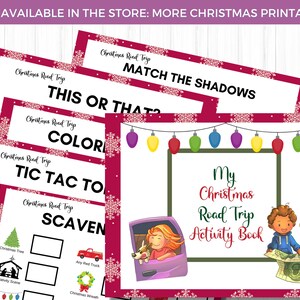 May include: A collection of Christmas-themed printables, including a road trip activity book and various games. The designs feature a red and white snowflake border, colorful illustrations, and text such as "My Christmas Road Trip Activity Book".