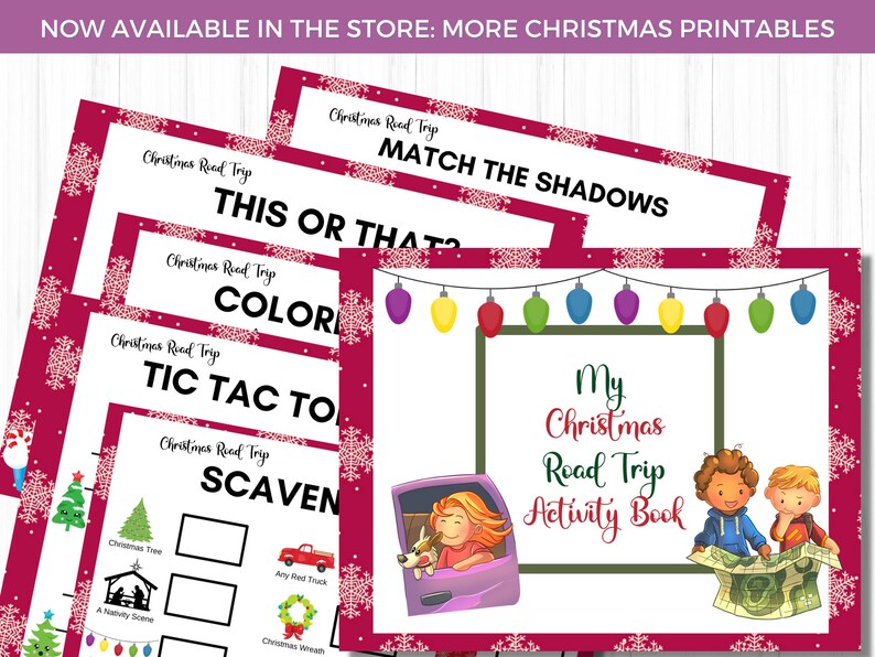 May include: A collection of Christmas-themed printables, including a road trip activity book and various games. The designs feature a red and white snowflake border, colorful illustrations, and text such as "My Christmas Road Trip Activity Book".