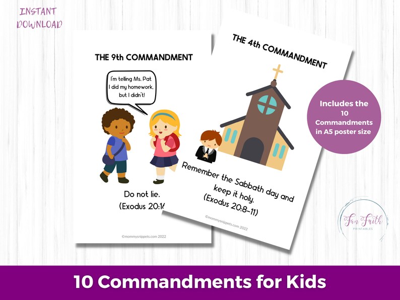Printable 10 Commandments for Kids A5 Posters and Flashcards, Ten
