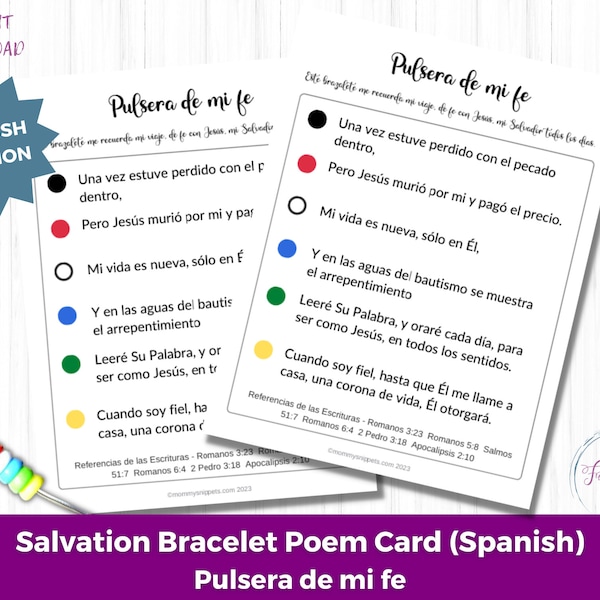 Pulsera de mi fe- Salvation Bracelet Poem Card - Spanish version, Printable Salvation Bracelet Poem Card, Faith Bracelet Gospel Card