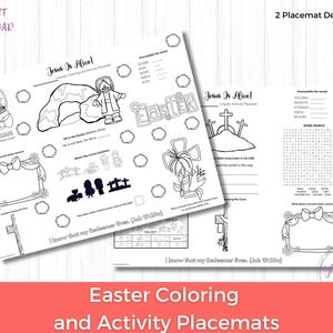 May include: Black and white printable Easter coloring and activity placemats with the text "Jesus Is Alive!" and "Easter Coloring and Activity Placemats".