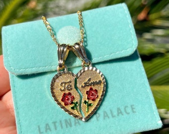Te Amo Necklace, Gold Heart Necklace, Heart Split Neckace, Rose