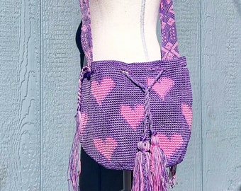 Mexican Heart bag, Mexican Heart Purse, Hand crotched bag, Mexican morral bag, bolsa de corzaon