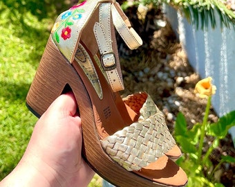 Women Huarache Heels, Huarache floral high heels, embroidered huarache heels,